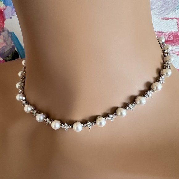 Authentic! Tiffany & Co Platinum Diamond 6.5mm Pearl Necklace - Picture 9 of 13